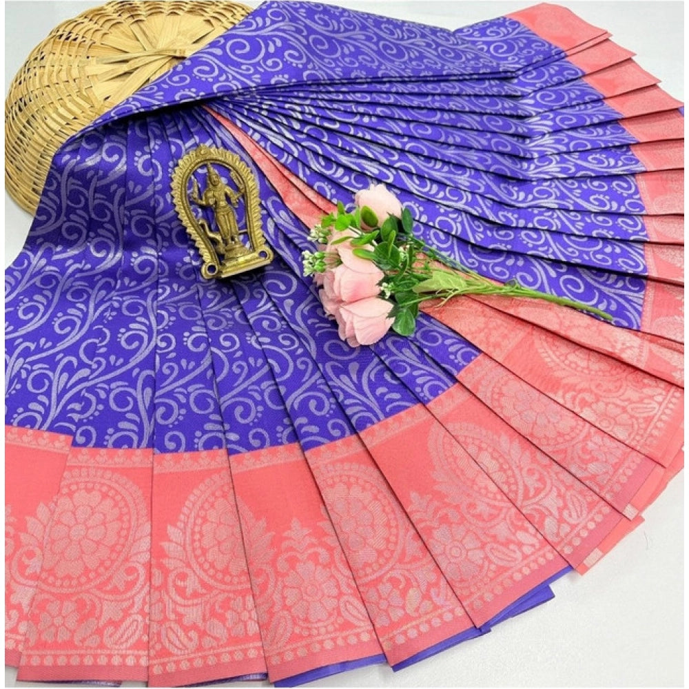 Generic Women's Soft Silk Printed Saree With Unstitched Blouse 5.5Mtr (Indigo Blue)