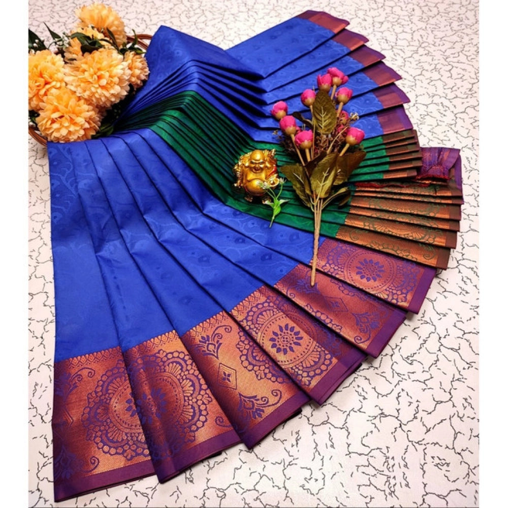 Generic Women's Soft Silk Printed Saree With Unstitched Blouse 5.5Mtr (Royal Blue)