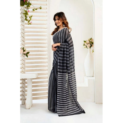 Generic Women's Faux_Linen Printed Ready-to-Wear Saree With Unstitched Blouse 5.5 Mtr (Black)