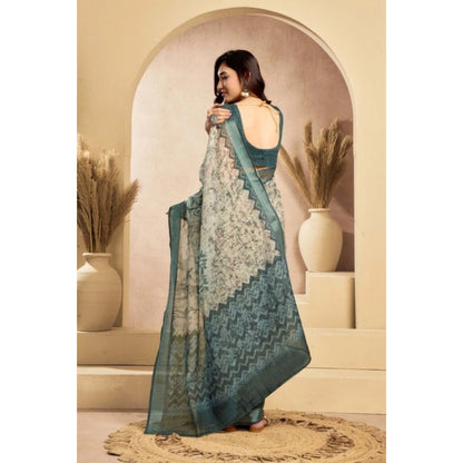 Generic Women's Faux_Linen Printed Ready-to-Wear Saree With Unstitched Blouse 5.5 Mtr (Light_Grey)