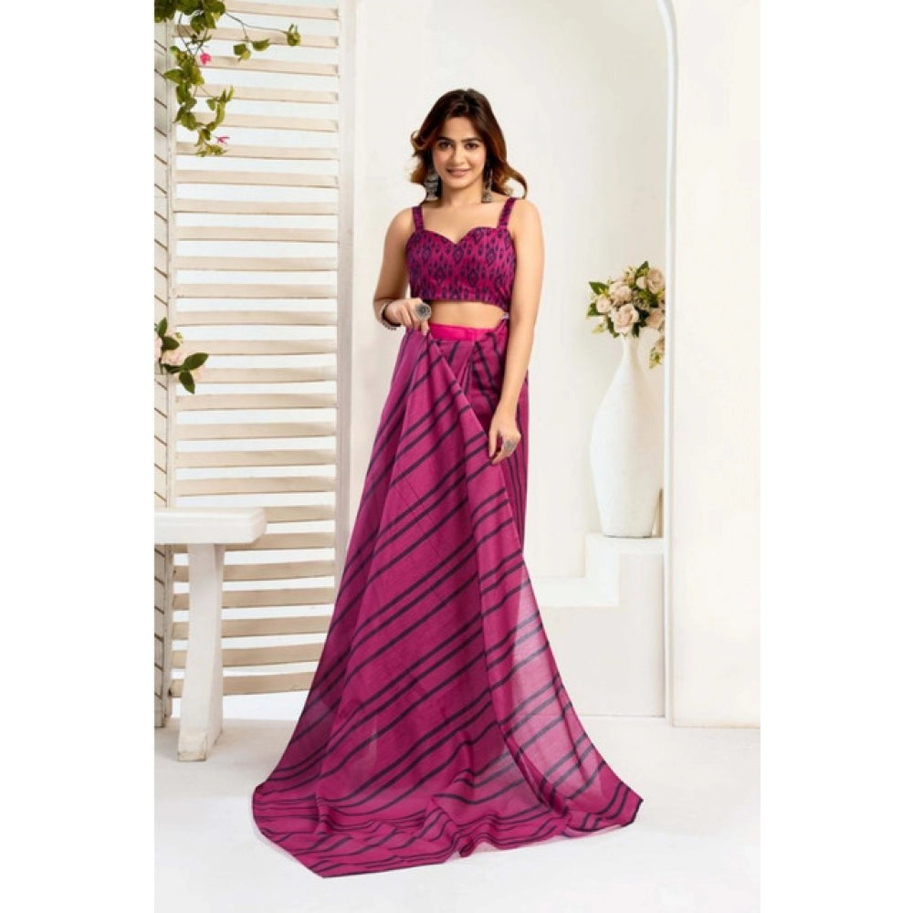 Generic Women's Faux_Linen Printed Ready-to-Wear Saree With Unstitched Blouse 5.5 Mtr (Magenta)