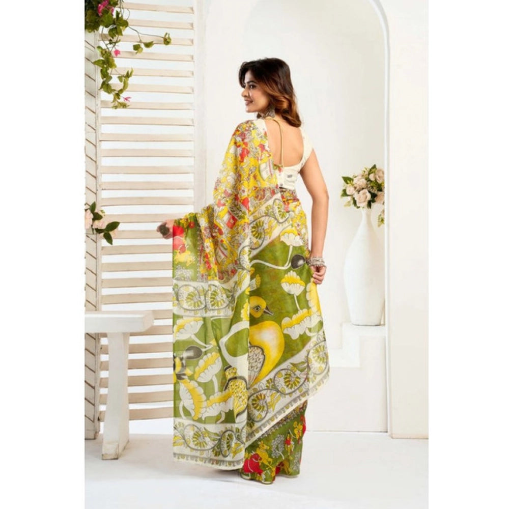 Generic Women's Faux_Linen Printed Ready-to-Wear Saree With Unstitched Blouse 5.5 Mtr (Multicolor)