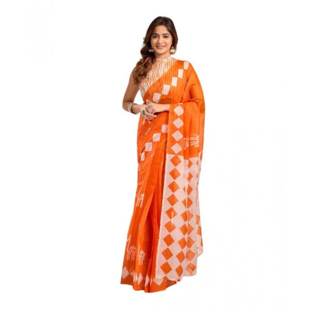 Generic Women's Faux_Linen Printed Ready-to-Wear Saree With Unstitched Blouse 5.5 Mtr (Orange)