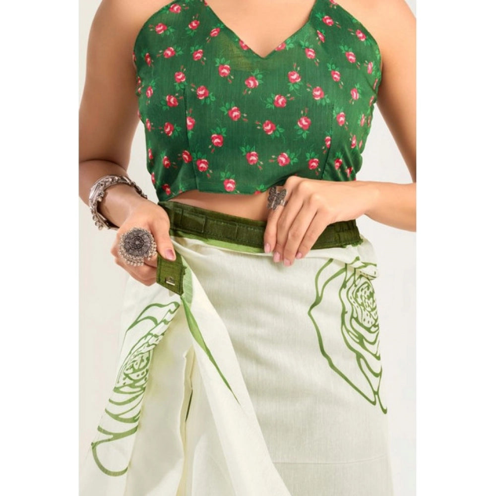 Generic Women's Faux_Linen Printed Ready-to-Wear Saree With Unstitched Blouse 5.5 Mtr (White)