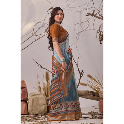 Generic Women's Faux_Linen Printed Saree With Unstitched Blouse 5.5Mtr (Blue)