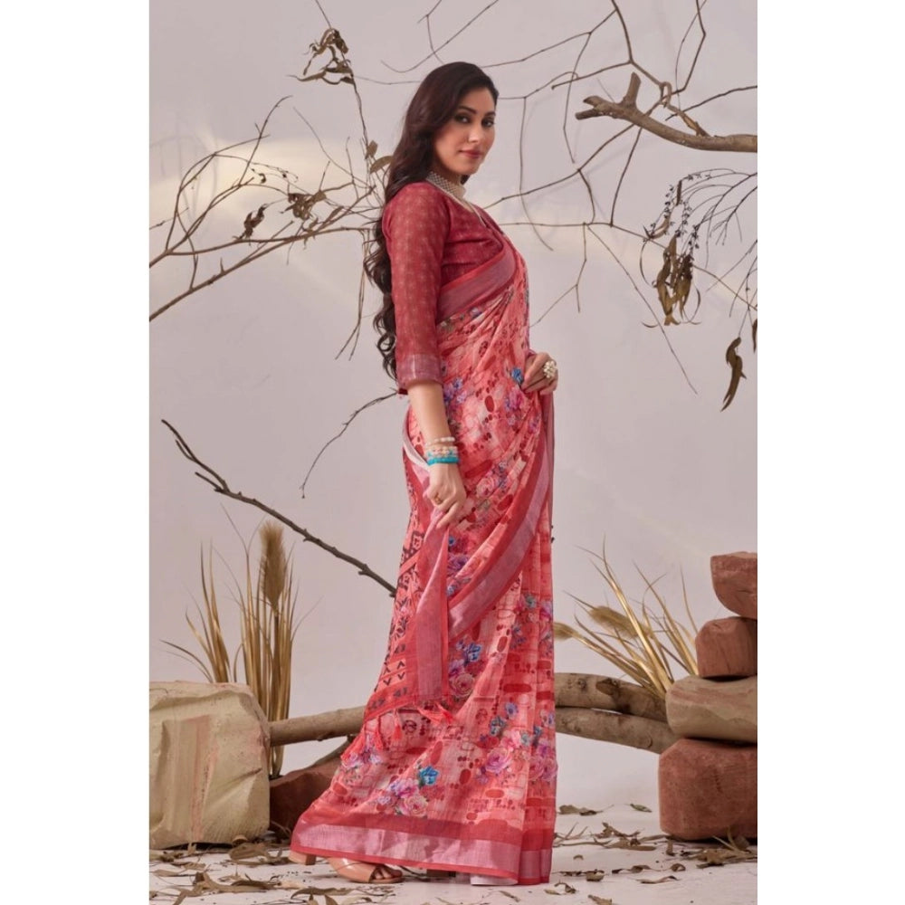 Generic Women's Faux_Linen Printed Saree With Unstitched Blouse 5.5Mtr (Rose)