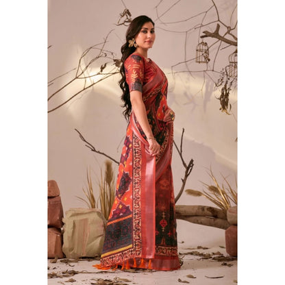 Generic Women's Faux_Linen Printed Saree With Unstitched Blouse 5.5Mtr (Red)