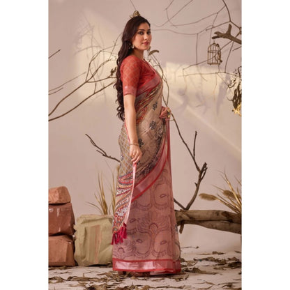 Generic Women's Faux_Linen Printed Saree With Unstitched Blouse 5.5Mtr (Light_Beige)