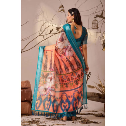 Generic Women's Faux_Linen Printed Saree With Unstitched Blouse 5.5Mtr (Peach)