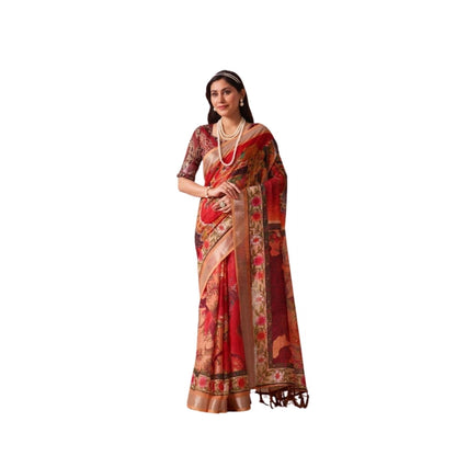 Generic Women's Faux_Linen Printed Saree With Unstitched Blouse 5.5Mtr (Red)