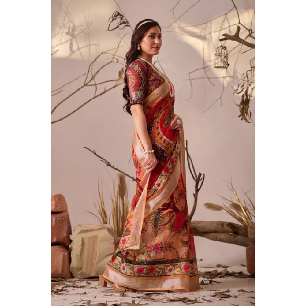 Generic Women's Faux_Linen Printed Saree With Unstitched Blouse 5.5Mtr (Red)