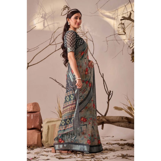 Generic Women's Faux_Linen Printed Saree With Unstitched Blouse 5.5Mtr (Light_Grey)