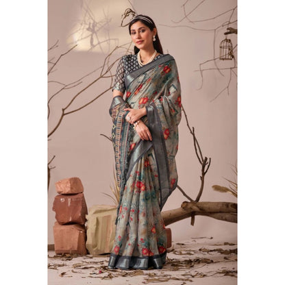 Generic Women's Faux_Linen Printed Saree With Unstitched Blouse 5.5Mtr (Light_Grey)