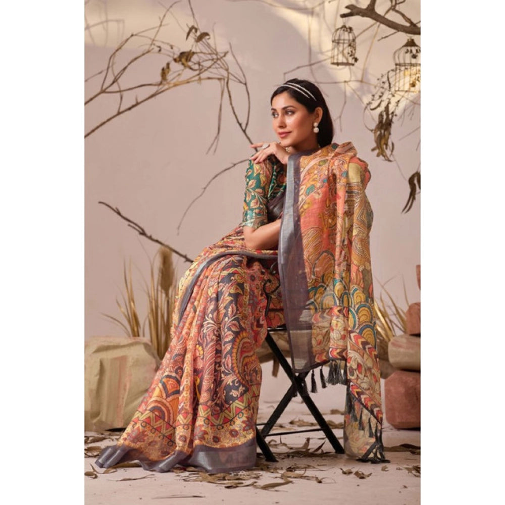 Generic Women's Faux_Linen Printed Saree With Unstitched Blouse 5.5Mtr (Orange)