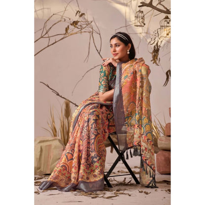 Generic Women's Faux_Linen Printed Saree With Unstitched Blouse 5.5Mtr (Orange)