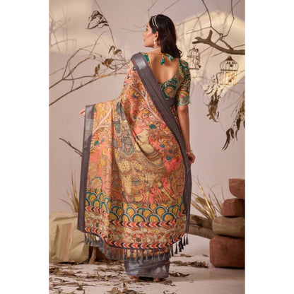 Generic Women's Faux_Linen Printed Saree With Unstitched Blouse 5.5Mtr (Orange)