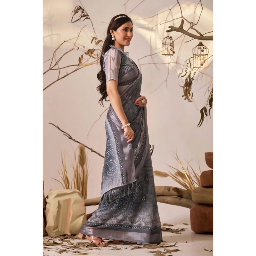 Generic Women's Faux_Linen Printed Saree With Unstitched Blouse 5.5Mtr (Light_Grey)