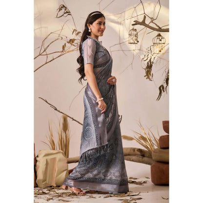 Generic Women's Faux_Linen Printed Saree With Unstitched Blouse 5.5Mtr (Light_Grey)