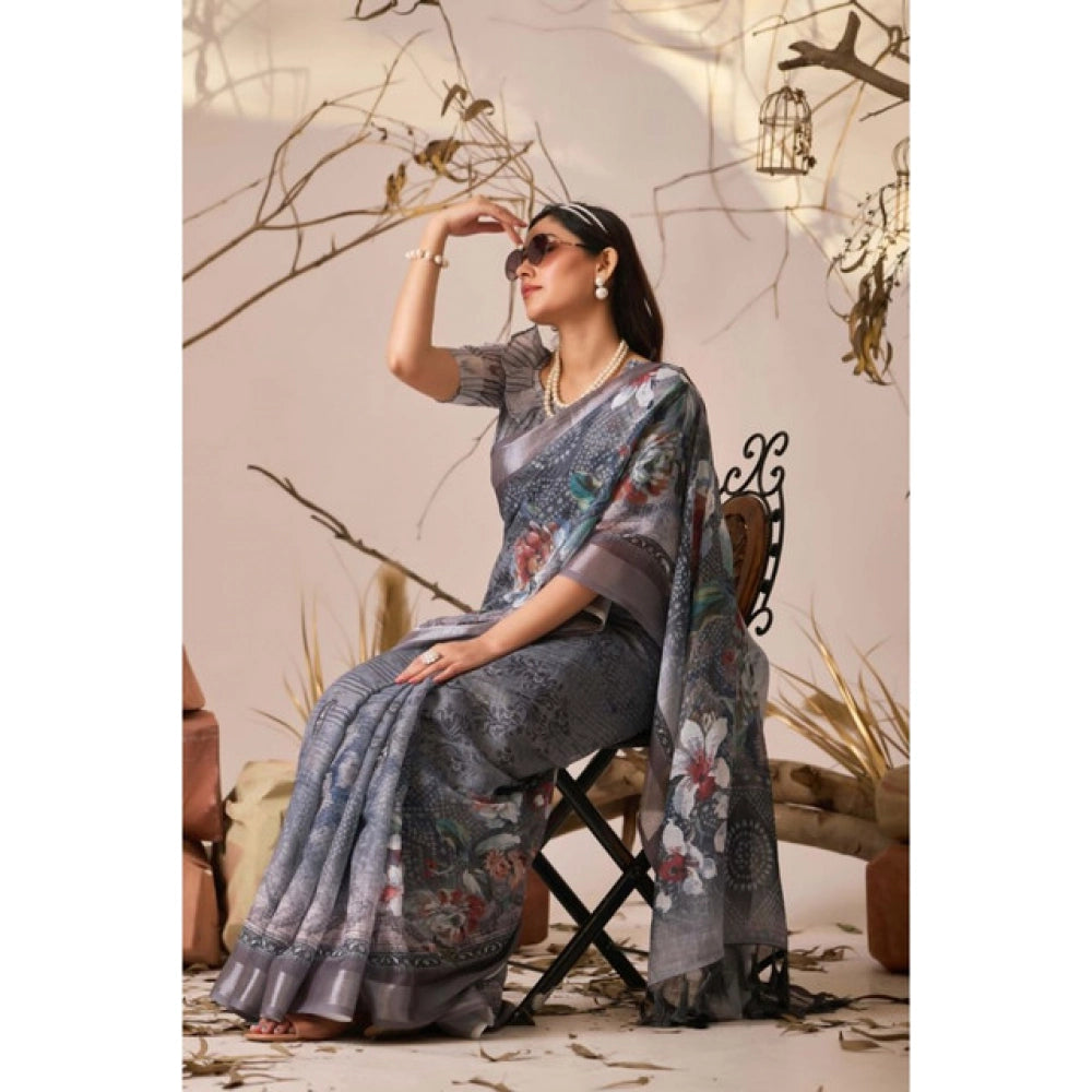 Generic Women's Faux_Linen Printed Saree With Unstitched Blouse 5.5Mtr (Light_Grey)