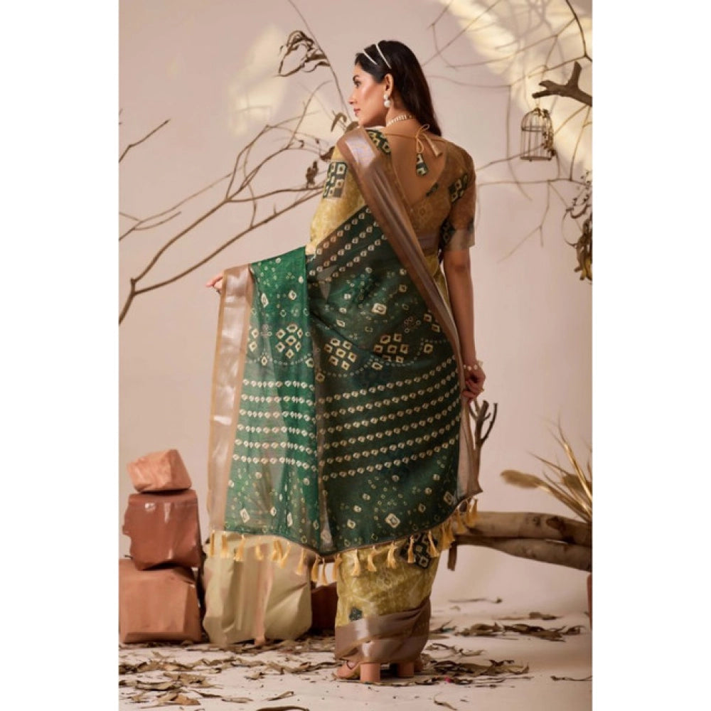 Generic Women's Faux_Linen Printed Saree With Unstitched Blouse 5.5Mtr (Mustard)