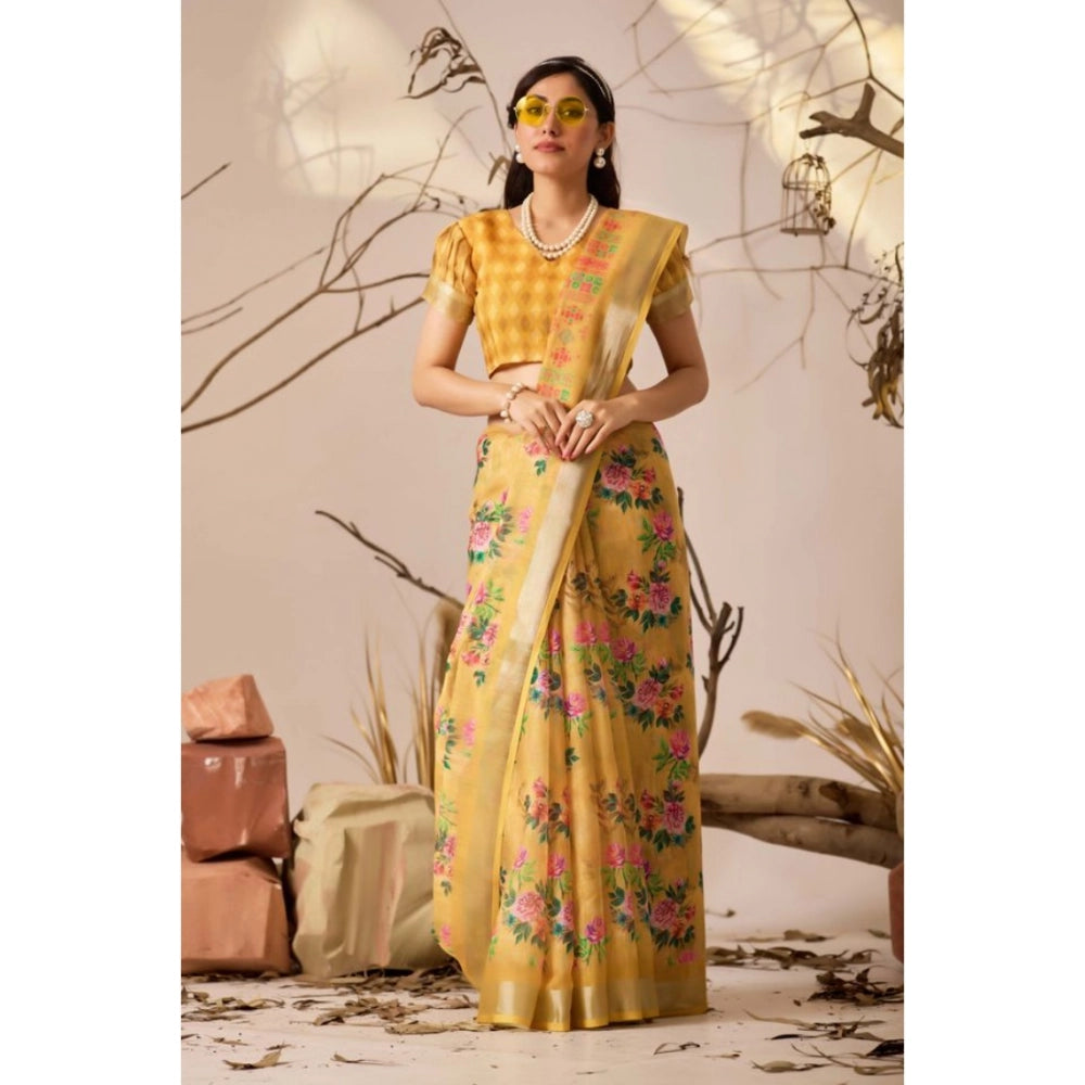 Generic Women's Faux_Linen Printed Saree With Unstitched Blouse 5.5Mtr (Gold)