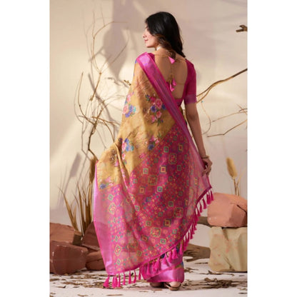 Generic Women's Faux_Linen Printed Saree With Unstitched Blouse 5.5Mtr (Gold)