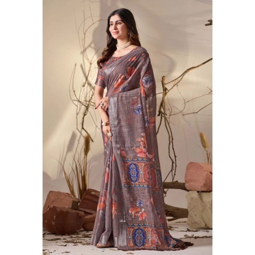 Generic Women's Faux_Linen Printed Saree With Unstitched Blouse 5.5Mtr (Light_Brown)