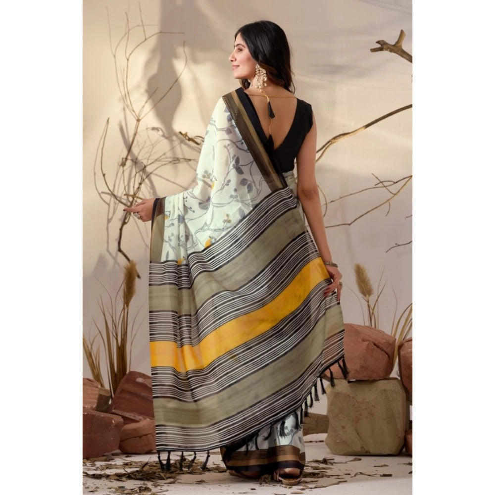 Generic Women's Faux_Linen Printed Saree With Unstitched Blouse 5.5Mtr (Light_Green)