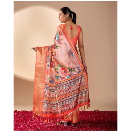 Generic Women's Faux_Silk Printed Saree With Unstitched Blouse 5.5Mtr (Peach)