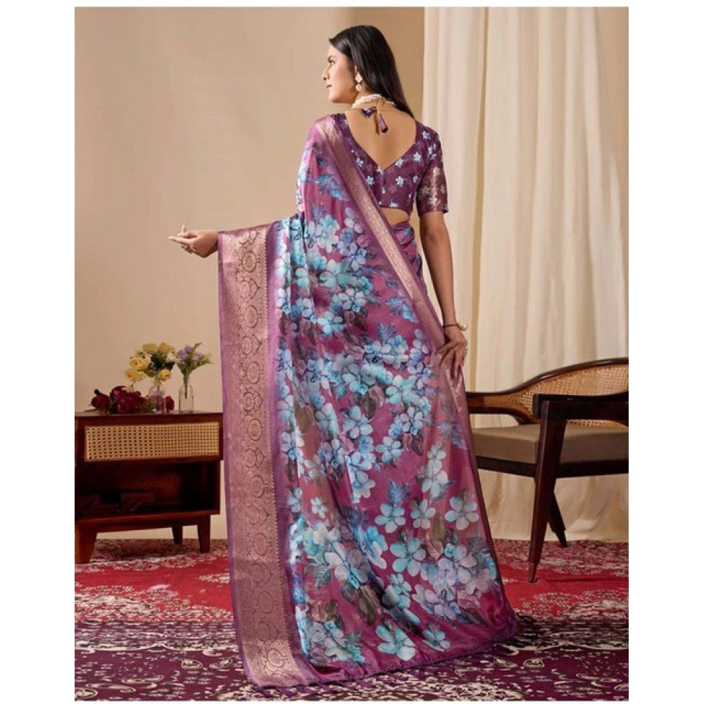 Generic Women's Faux_Silk Printed Saree With Unstitched Blouse 5.5Mtr (Blue)
