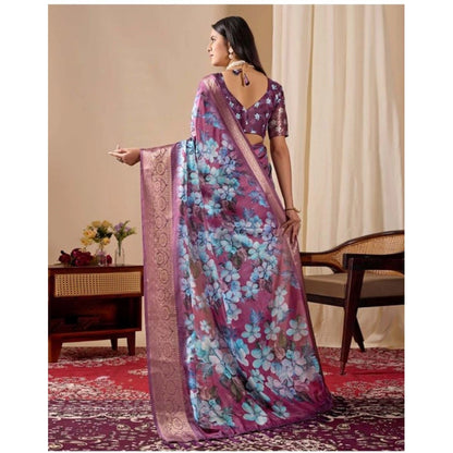 Generic Women's Faux_Silk Printed Saree With Unstitched Blouse 5.5Mtr (Blue)