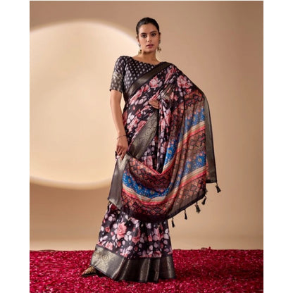 Generic Women's Faux_Silk Printed Saree With Unstitched Blouse 5.5Mtr (Blue)