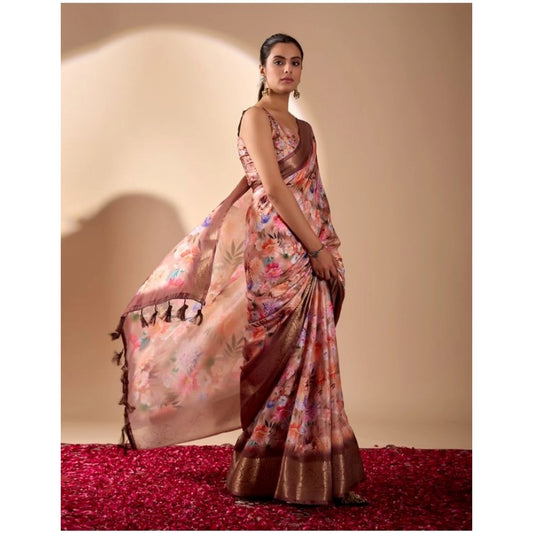 Generic Women's Faux_Silk Printed Saree With Unstitched Blouse 5.5Mtr (Peach)
