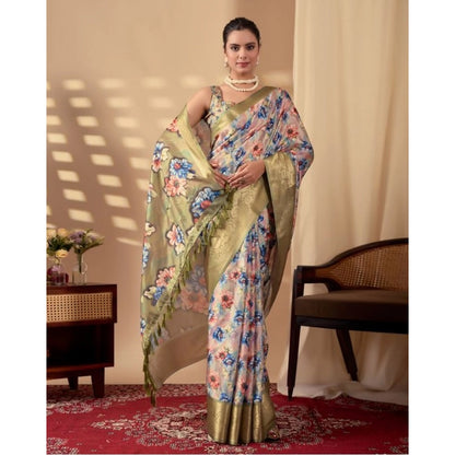 Generic Women's Silk_Blend Printed Saree With Unstitched Blouse 5.5Mtr (Olive)