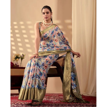 Generic Women's Silk_Blend Printed Saree With Unstitched Blouse 5.5Mtr (Olive)