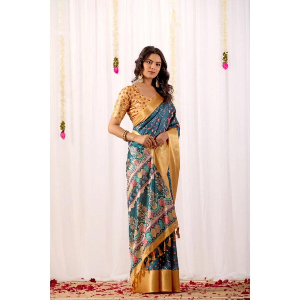 Generic Women's Faux_Banarasi Printed Saree With Unstitched Blouse 5.5Mtr (Teal)