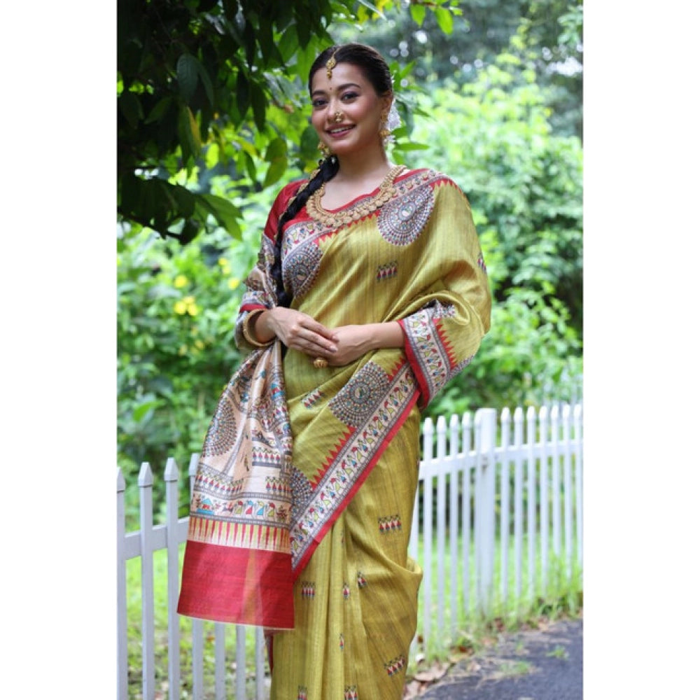 Generic Women's Faux_Tussar_Silk Printed Saree With Unstitched Blouse 5.5Mtr (Mustard)