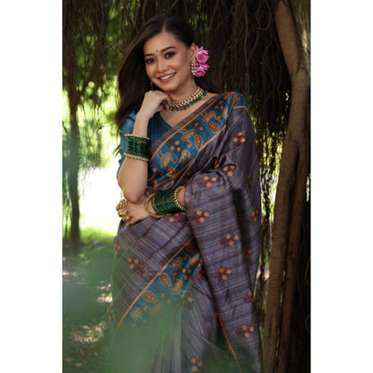 Generic Women's Faux_Tussar_Silk Printed Saree With Unstitched Blouse 5.5Mtr (Grey)