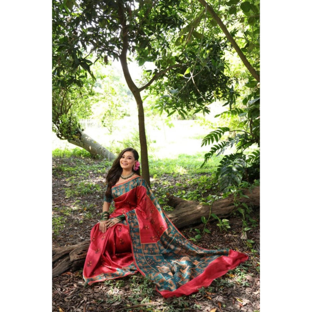 Generic Women's Faux_Tussar_Silk Printed Saree With Unstitched Blouse 5.5Mtr (Red)