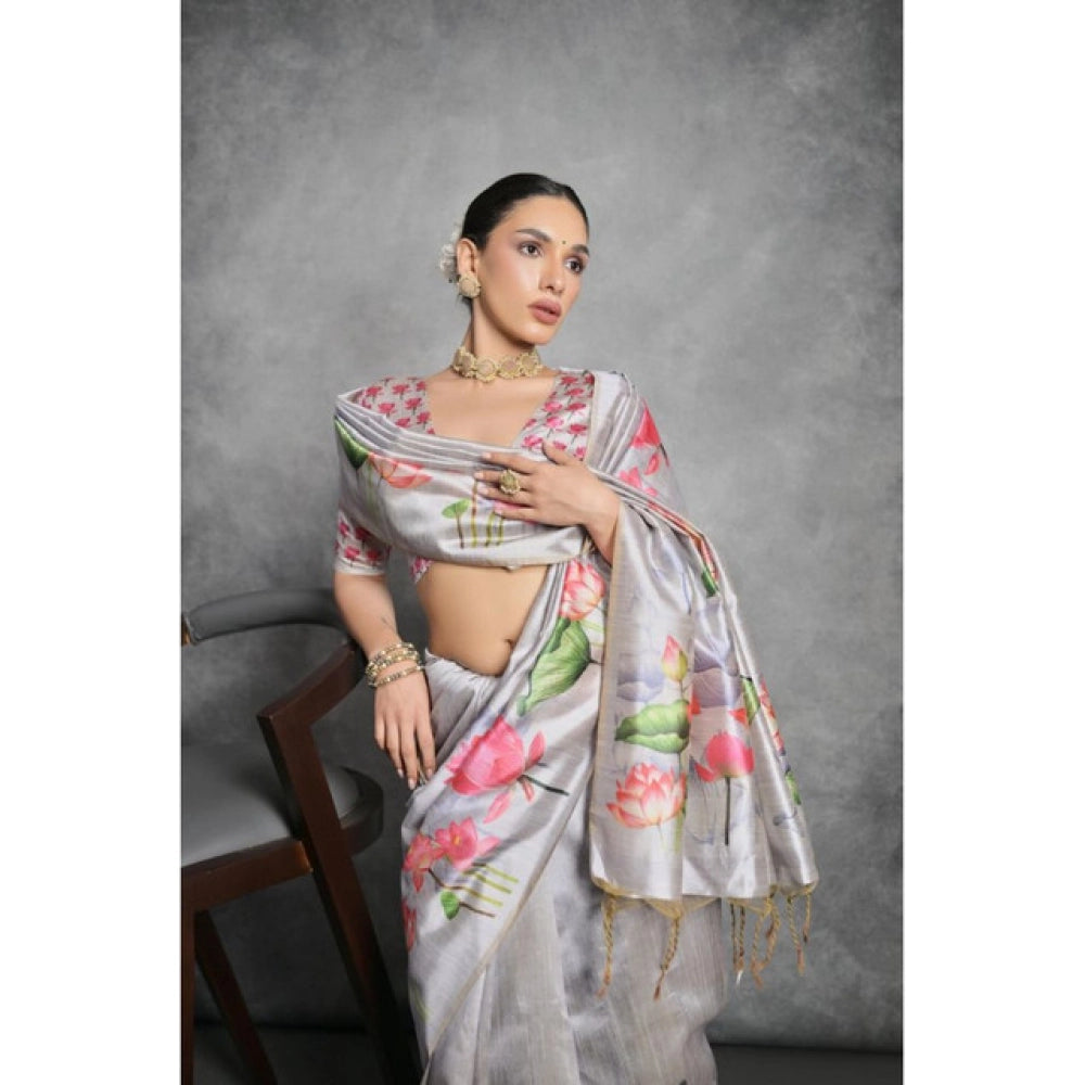 Generic Women's Cotton Printed Saree With Unstitched Blouse 5.5 Mtr (Grey)
