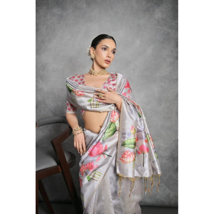 Generic Women's Cotton Printed Saree With Unstitched Blouse 5.5 Mtr (Grey)