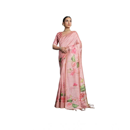 Generic Women's Cotton Printed Saree With Unstitched Blouse 5.5 Mtr (Peach)