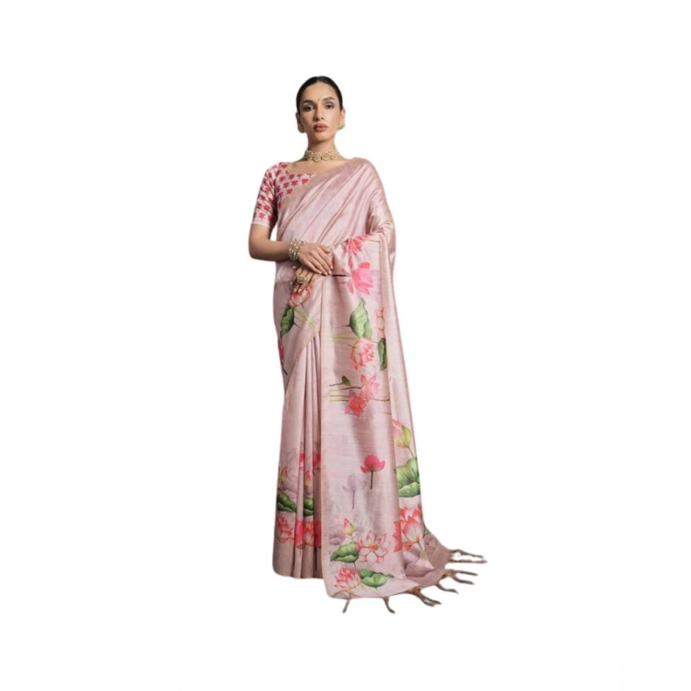 Generic Women's Cotton Printed Saree With Unstitched Blouse 5.5 Mtr (Pink)