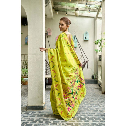 Generic Women's Silk Blend Woven Saree With Unstitched Blouse 5.5 Mtr (Lime)