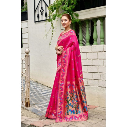 Generic Women's Silk Blend Woven Saree With Unstitched Blouse 5.5 Mtr (Pink)