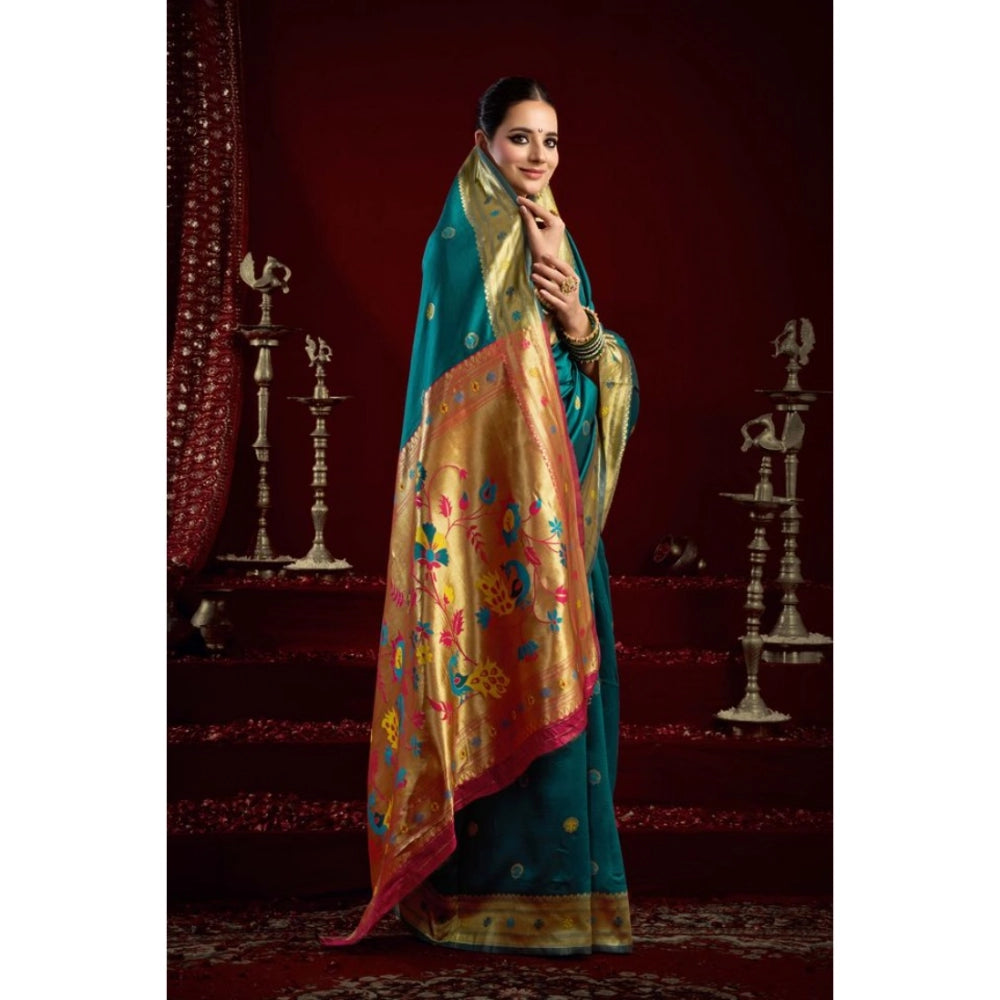 Generic Women's Silk Blend Woven Saree With Unstitched Blouse 5.5 Mtr (Teal)