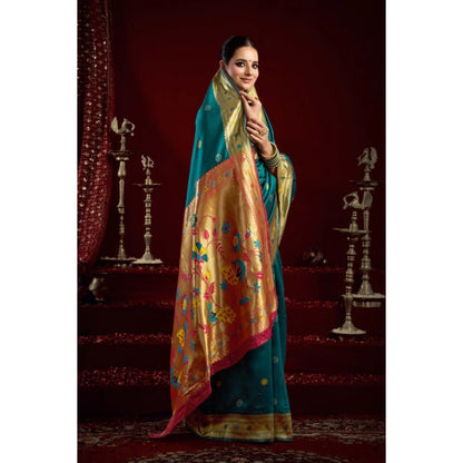Generic Women's Silk Blend Woven Saree With Unstitched Blouse 5.5 Mtr (Teal)