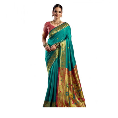 Generic Women's Silk Blend Woven Saree With Unstitched Blouse 5.5 Mtr (Aqua_Blue)