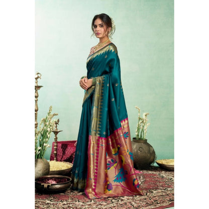 Generic Women's Silk Blend Woven Saree With Unstitched Blouse 5.5 Mtr (Teal)