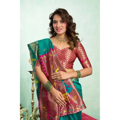 Generic Women's Silk Blend Woven Saree With Unstitched Blouse 5.5 Mtr (Green)